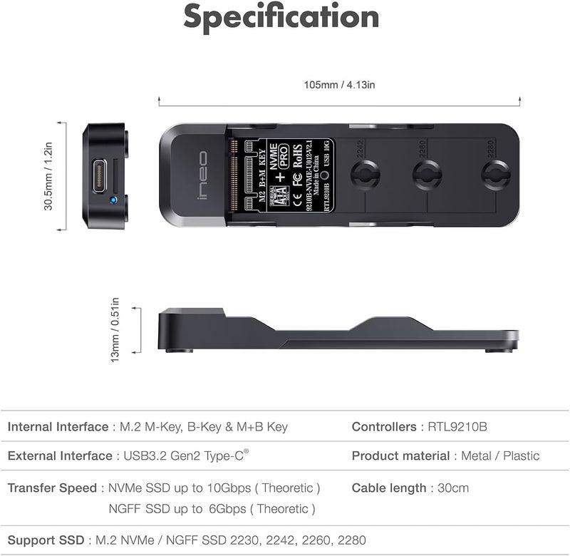 ineo Tool-Free M.2 NVMe & SATA to USB C 10Gbps Docking Station for M Key, B+M Key Support 2280 2260 2242 2230 SSDs (M.2 10Gb Docking) - Image 3